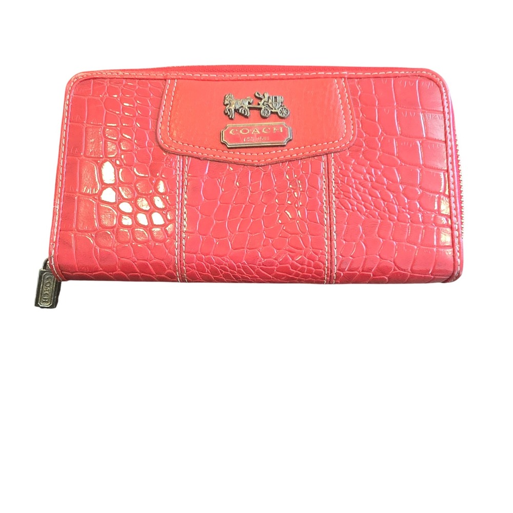 Coach Red Croc Embossed Leather Accordion Zip Around Wallet Horse Carriage Logo